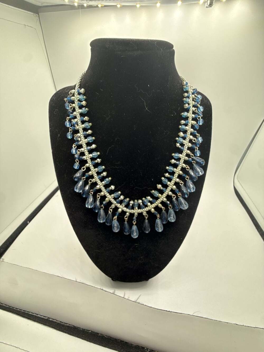 Vintage Avon Blue Glass Bead Fringe Waterfall Statement Necklace